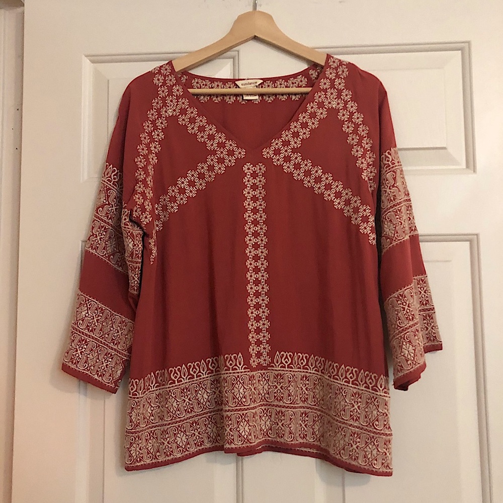 Sundance boho embroidered floral rust peasant top sz S